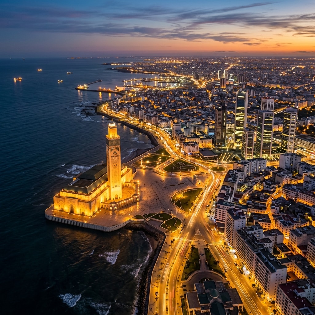 Casablanca at dusk — Hassan II Mosque lit up with the city glittering