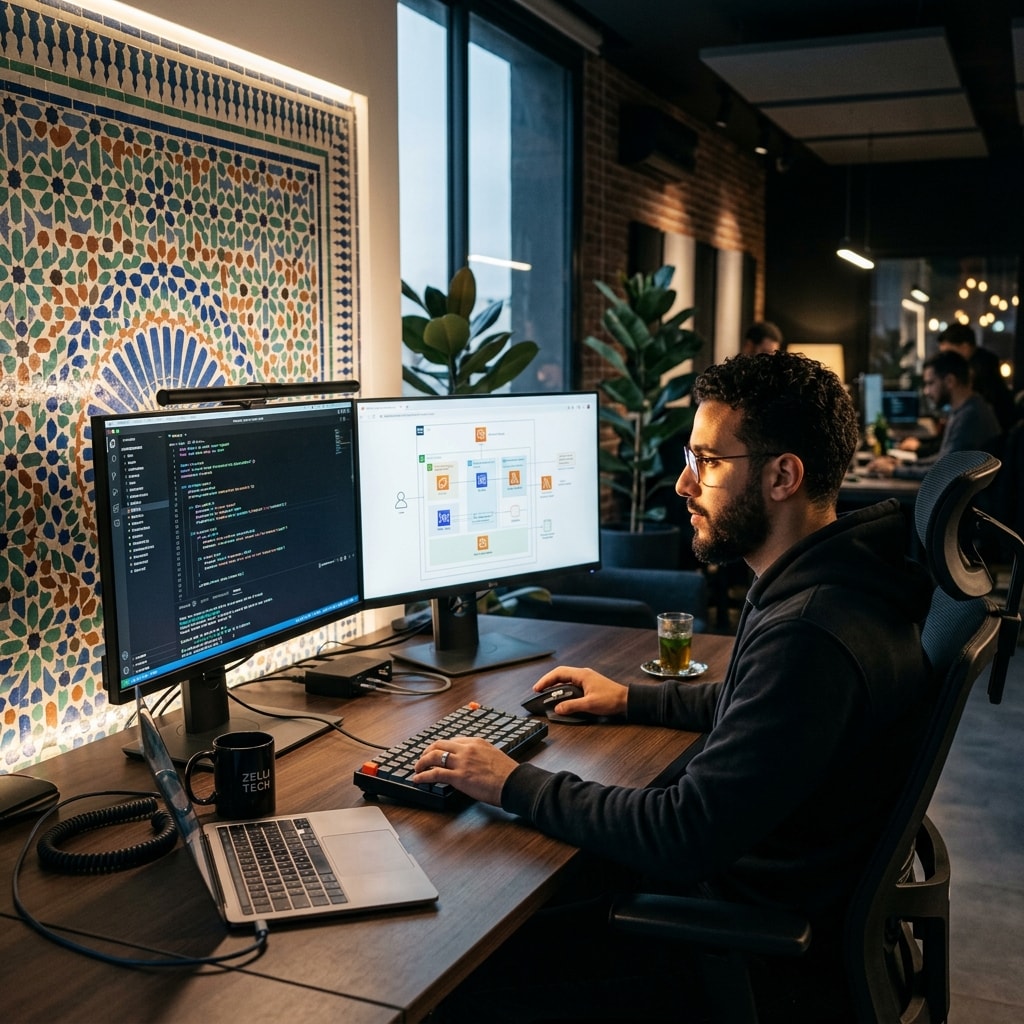 Moroccan software developer coding with Moroccan zellige tile background