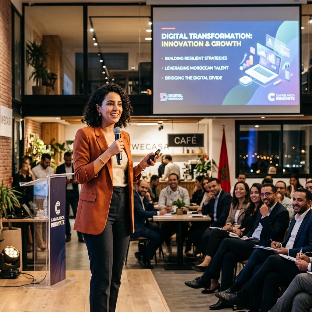 Young Moroccan entrepreneur presenting digital transformation strategy in Casablanca